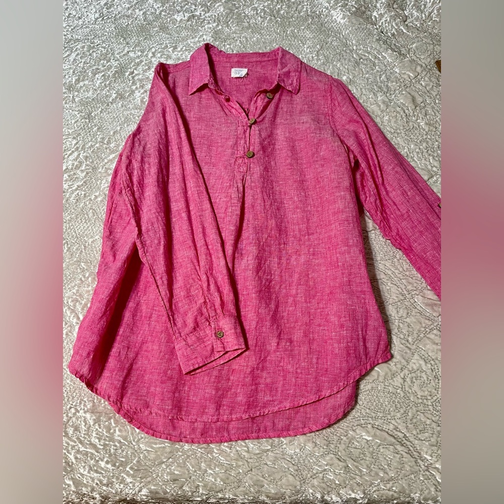 Sigrid Olsen Vibrant Pink Linen Button Pullover. Size Large
